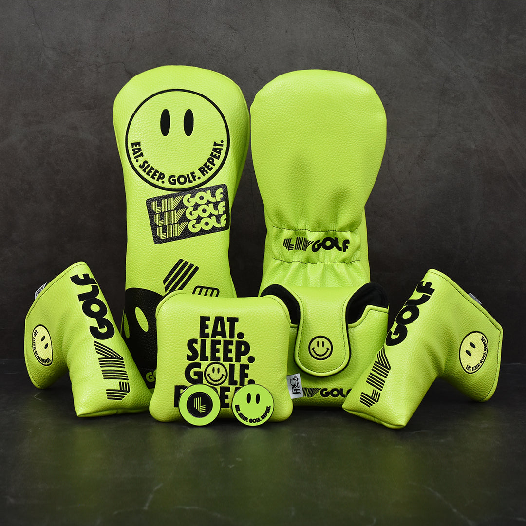 Set of bright green golf club covers with 'GOLF' branding on a dark background