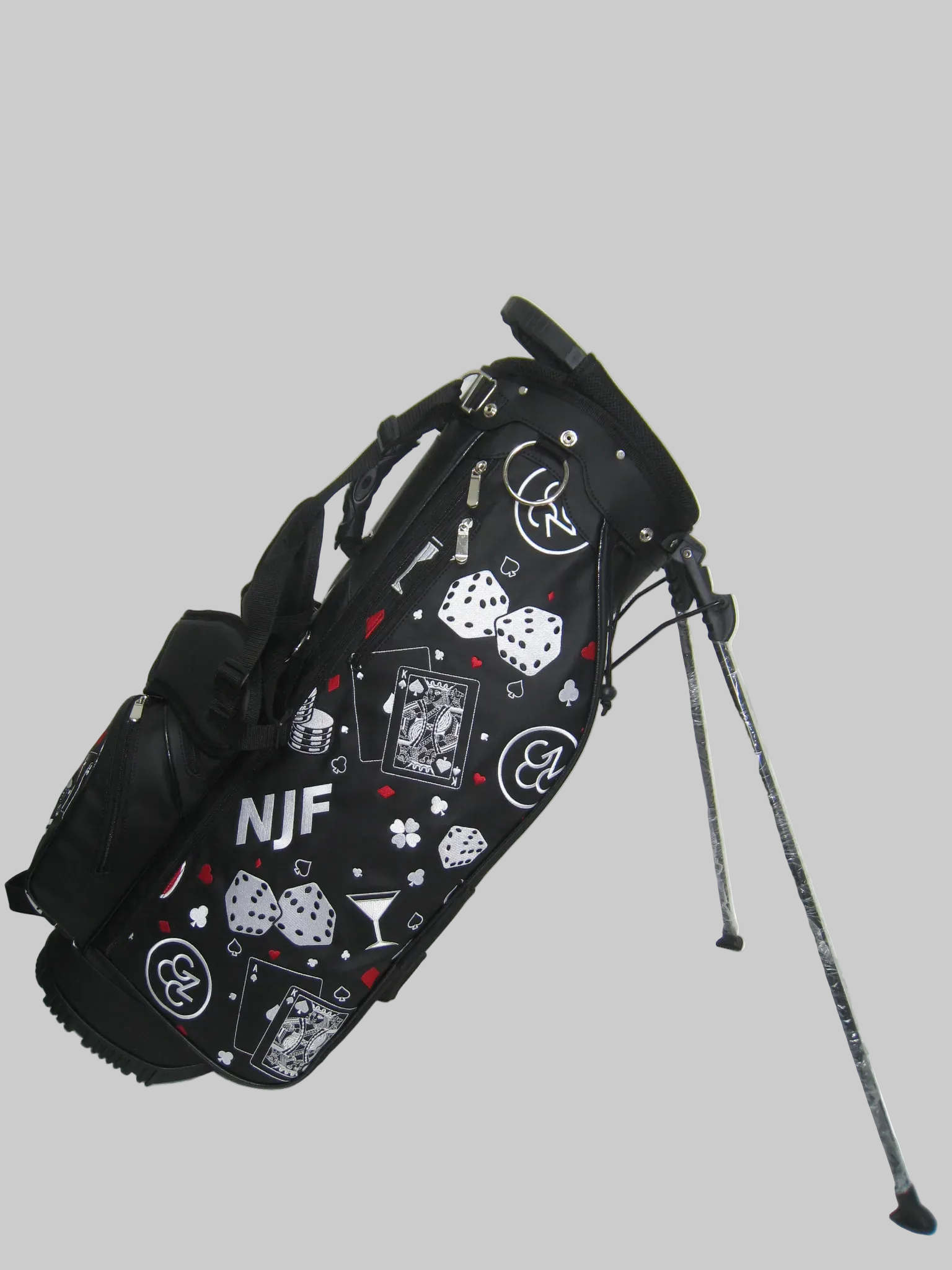 Golf bag with black and white pattern on a white background